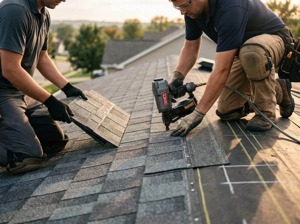 Professional roofer working on a residential roof in Oakville